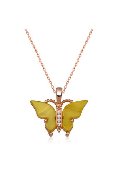 Gumush Silver Rose Yellow Tiger's Eye Stone Butterfly Necklace