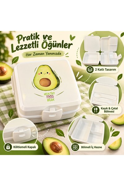 Avokado Desenli Beyaz Çocuk Beslenme Kutusu – 4 Bölmeli, Çatal Kaşıklı, Kilitli Kapaklı, Okul, Kreş, Piknik ve Günlük Kullanıma Uygun Plastik Yemek Saklama Kabı