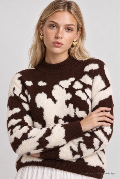 Lovelyİstanbul Patterned Oversize Soft Sweater Lkr0003 Brown Ecru