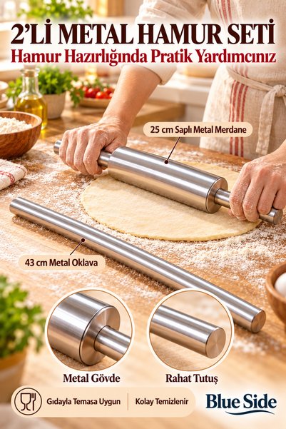 BLUE SİDE 2’li Metal Oklava ve Merdane Seti – 43 cm Oklava, 25 cm Saplı Merdane, Börek ve Pizza Hamur Açma Seti
