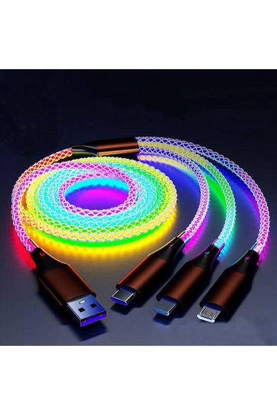 EXCEFORE كابل شحن LED 3 في 1 بقوة 66 واط، سلك شحن سريع مضيء بتقنية RGB مع موص...