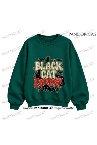 PANDORICA سويت شيرت مطبوع عليه قطط باللون الأسود بتصميم "BLACK CAT ENERGY" لل...