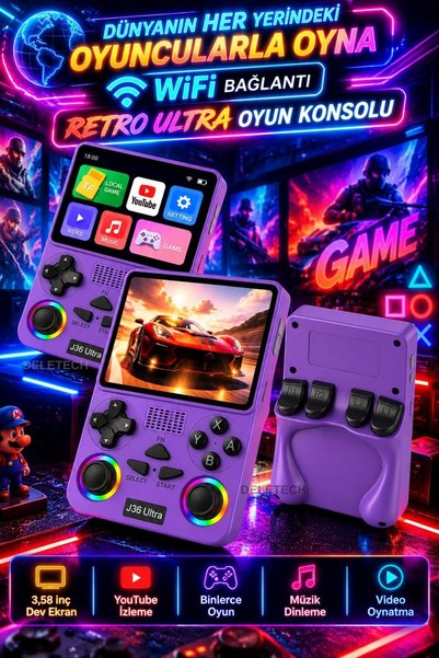 Deletech J36 Ultra Retro El Oyun Konsolu – 20.000+ Yüklü Oyun, WiFi Bağlantıs...