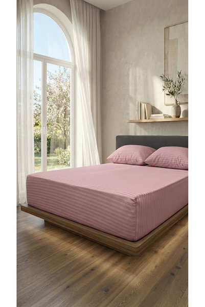 VESSİNOHOME Platinum Series Cotton Satin Fitted Sheet Set Striped Double Hote...