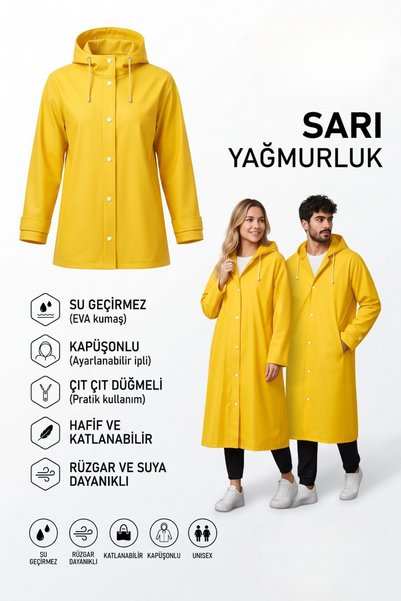 freedoomstyle Kapüşonlu Su Geçirmez Yağmurluk – Çıt Çıt Düğmeli, Hafif Tasarı...