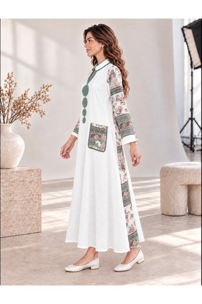 White colour جلابية ترف الأصالة بتطريز دائري وتفاصيل تراثية