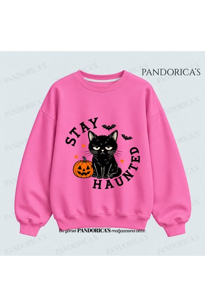 PANDORICA سويت شيرت بطبعة قطة سوداء لطيفة على شكل يقطينة مطبوعة بتصميم الهالو...