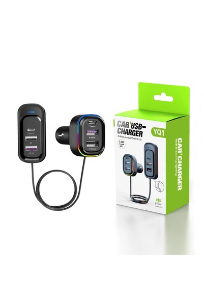 Choice شاحن سيارة سريع YQ1-أسود بخمسة منافذ USB مع كابل تمديد خلفي، شاحن متعد...
