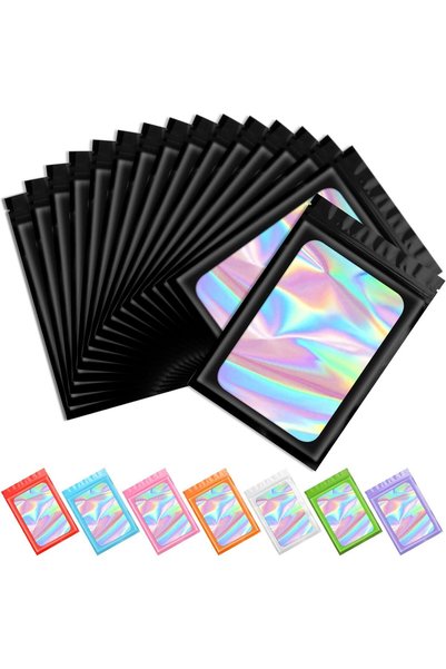 SWIUKPHE Black Holographic Bags Packaging Bags 100 pcs, Clear Resealable Bags...