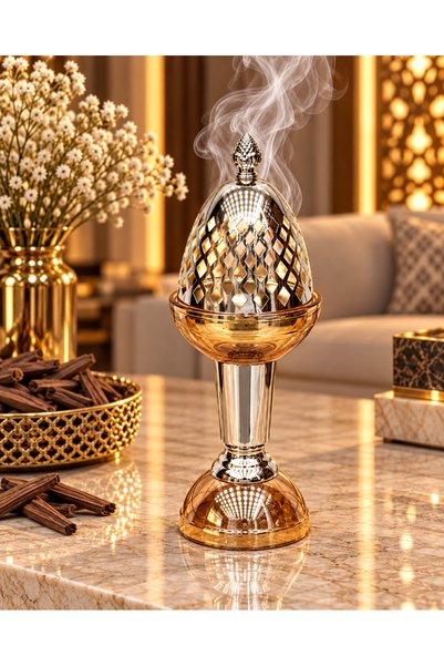 ALAMİD مبخرة استيل فضي لماع زجاج عسلي ارتفاع 30 سم