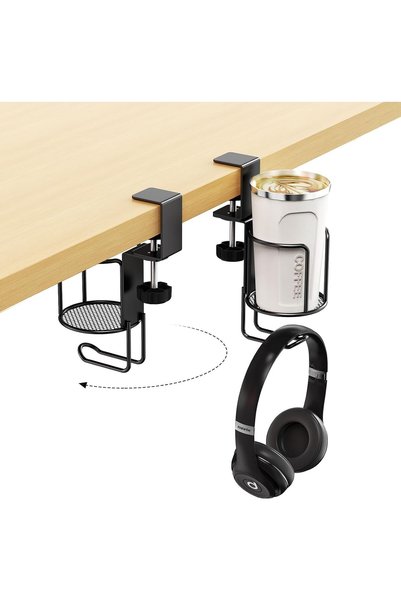 LBMT Desk Cup Holder with Headphone Hanger Holder, Anti-Spill Clip-On Table C...