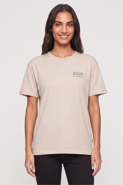 Nicce Women Crew Neck Short Sleeve Brand Logo T-Shirt, Beige
