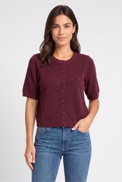 Brave Soul Women Ribbed Neck Knitted Cardigan, Maroon