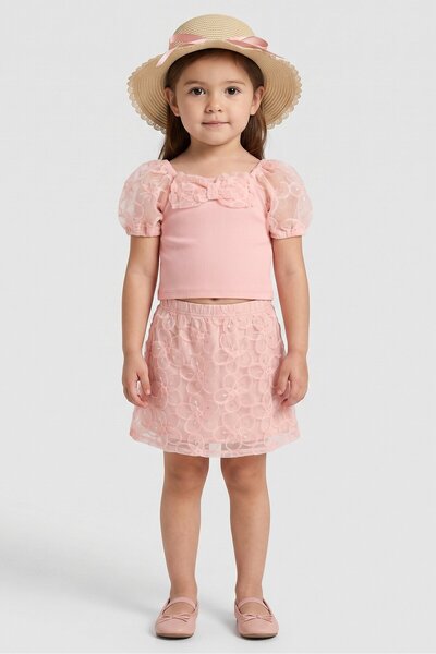Badgley Mischka Toddlers Girl 3 Pieces Textured Top And Skirts With Hat Set, ...