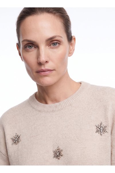 Fabrika F6WL-KZK0139 Bej Kadın Bisiklet Yaka Taşlı Regular Fit Triko Kazak