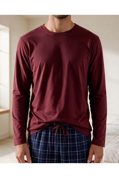 Bolero Men's Crew Neck Long Sleeve Pajama Set Claret Red
