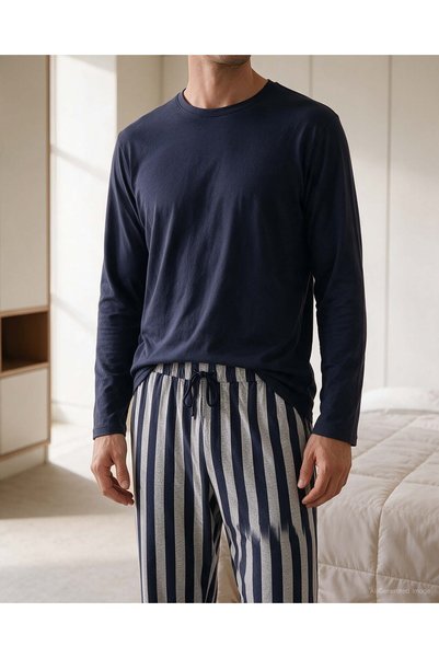 Bolero Men's Crew Neck Long Sleeve Pajama Set Navy Blue