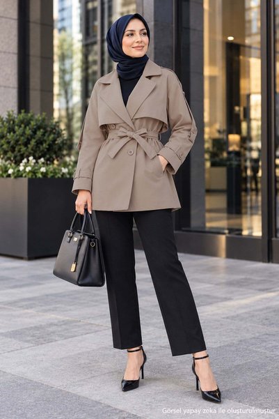 hafsamina Double-Breasted Collar Short Trench Coat Mink Hm2977