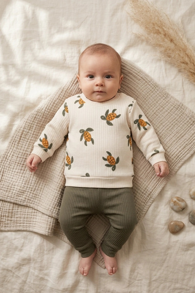 ANP MODA TASARIM Baby Unisex Sea Turtle Patterned Ribbed Cotton Sweatshirt an...