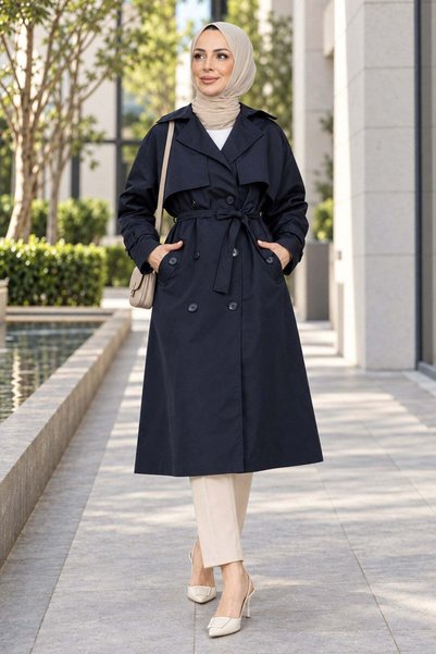 hafsamina Belted Double-Breasted Collar Trench Coat Navy Blue Hm2975