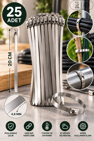 LİGROUND 20 cm Paslanmaz Çelik Cırt Kelepçe 25 Adet Metal Kablo Bağı Güçlü Sabitleme Tel Çit Boru Bağlama Set