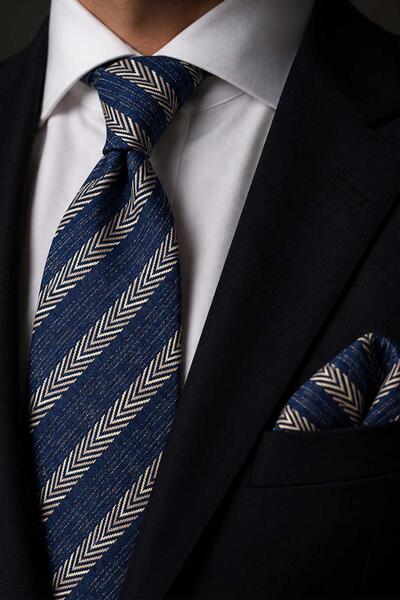 Kravatkolik Navy Blue Beige Herringbone Pattern Classic Tie with Handkerchief...
