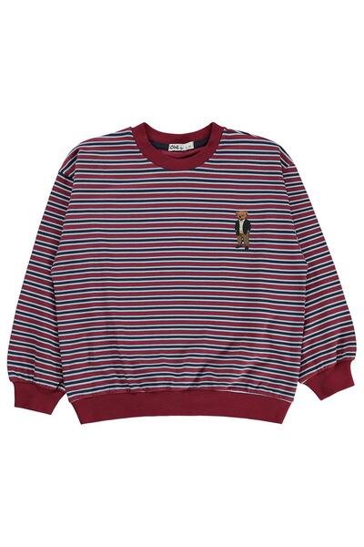 Civil Boys Striped Bear Printed Sweatshirt for 10-13 Years Old - Burgundy