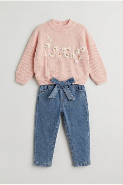 zumino Girl's Floral Appliqué Knit Sweater and Bow-Tie Jean Pants Set
