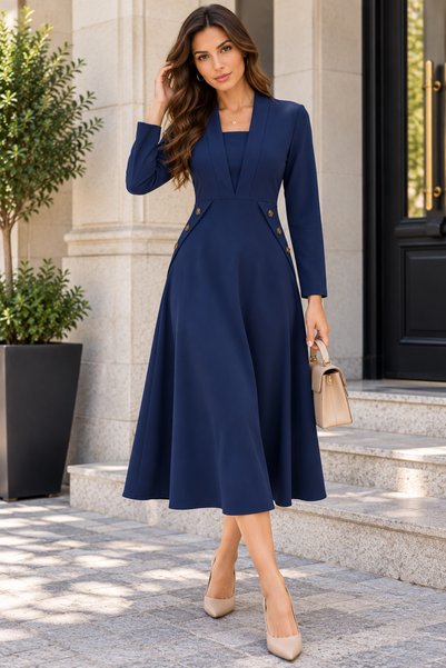 Kokosh moda تفسير أنيق للجمال الخالد - فستان نسائي متوسط الطول من الكريب بأكم...