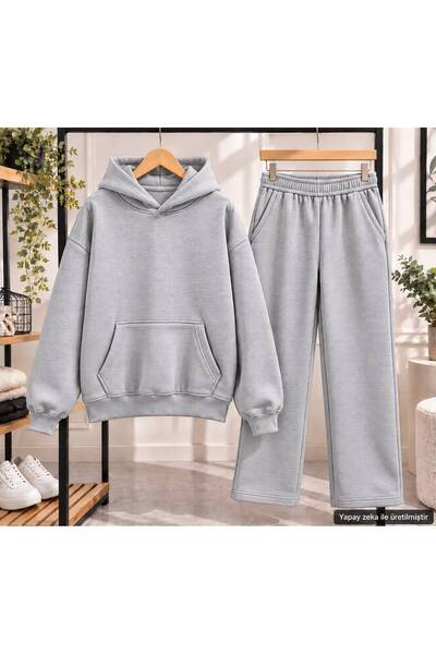 caddekombin Unisex Plain Basic Hooded Oversize Tracksuit Set - Two-Piece Cott...