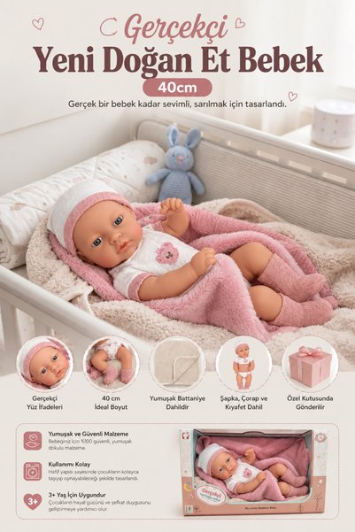 craftivio Gerçekçi Yenidoğan Et Bebek 40 cm - Battaniyeli ve Kıyafetli Özel K...
