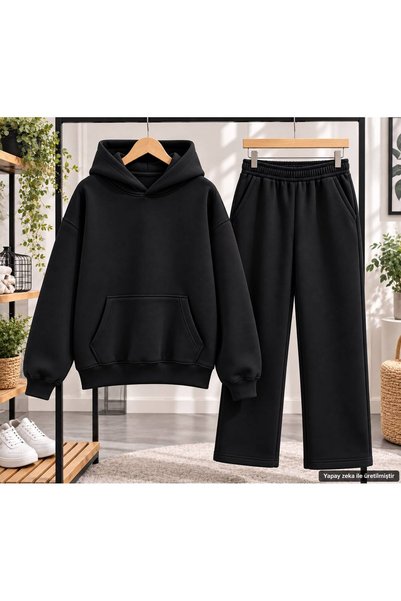 caddekombin Unisex Plain Basic Hooded Oversize Tracksuit Set - Two-Piece Cott...