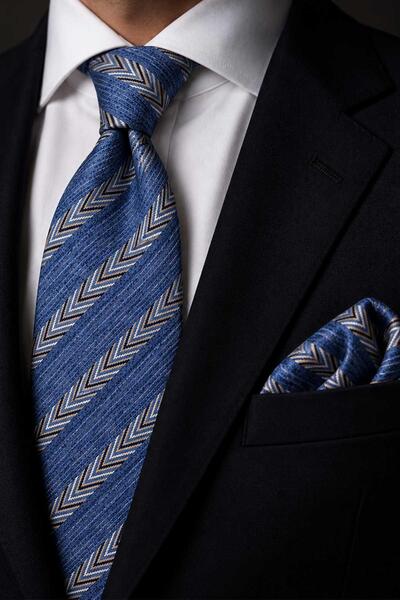 Kravatkolik Blue Beige Herringbone Pattern Classic Tie with Handkerchief Kk14152