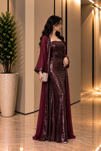 GORI FASHION فستان بشت ستاتيي بورغندي فاخر