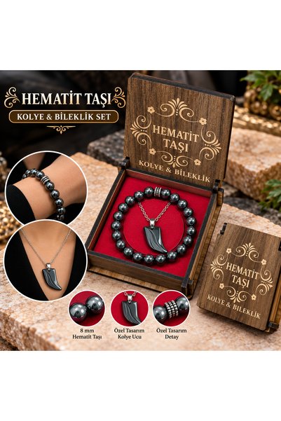 tesbihciniz Natural Hematite Stone Necklace and Bracelet Set with Special Woo...