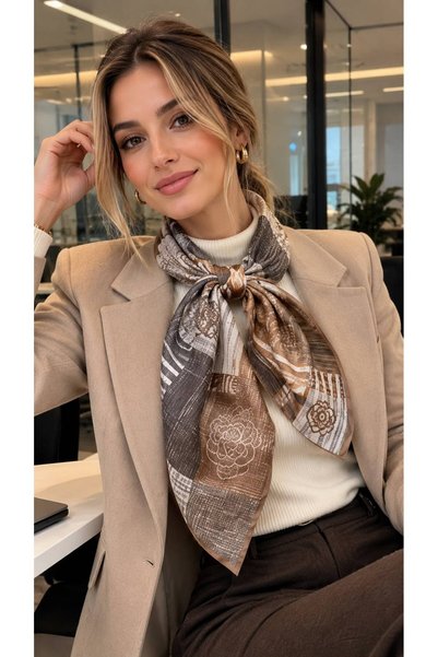 HAZAL KAYA ATELIER وشاح نسائي من القطن بنقشة هندسية من مينك مقاس 70x70 سم