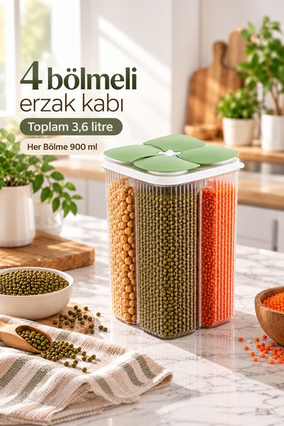 Porsima 4 Bölmeli Erzak ve Bakliyat Kavanozu 3.6 Lt - Döner / Bağımsız Kapakl...