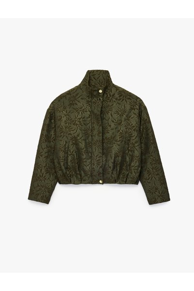 Koton Oversize Jacquard Floral Stand Collar Bomber Jacket Long Sleeve Zippered