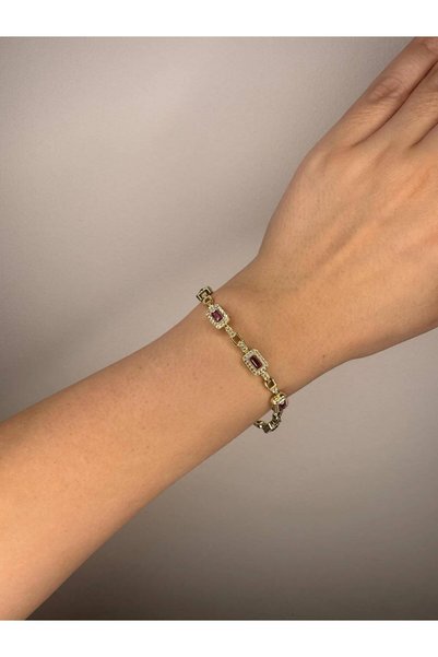 GAMBU Pink Baguette Stone Gold Color Stainless Steel Bracelet