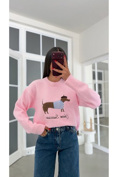 GAUS CO Pembe Muadil Köpek Desenli Triko Kazak GAUS-02181