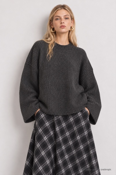 Lovelyİstanbul Selanik Knitted Oversize Sweater Lkr0002 Anthracite