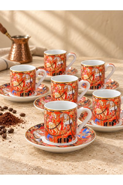 AT VE ZİNCİR DESENLİ PORSELEN 6 KİŞİLİK KAHVE FİNCANI (100ML)
