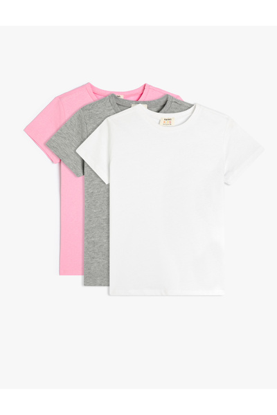 Koton 3-Piece Basic T-Shirt Set, Short Sleeve Multi-Color Cotton