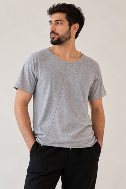 Unisex Gri Melanj %100 Pamuk Bisiklet Yaka Dikiş Detaylı Tişört