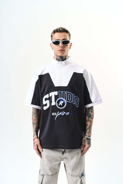 Respire Men's Oversized t-shirt High Collar Zipper Embroidery Studio Chenille...