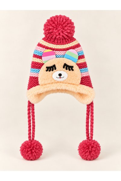 synshop Girl Child 0-4 Years Old Teddy Bear Figured Pompom Beanie Plush Lined...