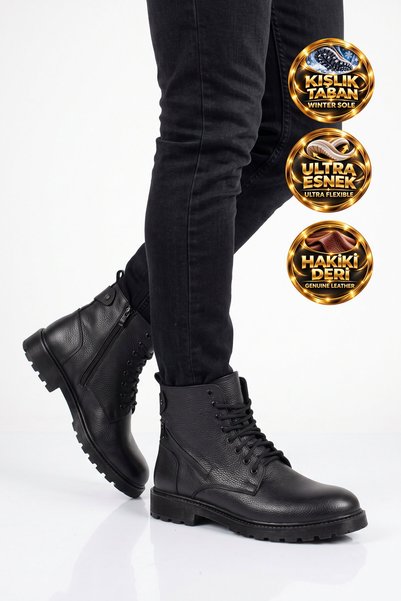 AYAKMOD Rubber Sole, Lace-Up, Zippered, Black Leather, Genuine Leather Men's ...