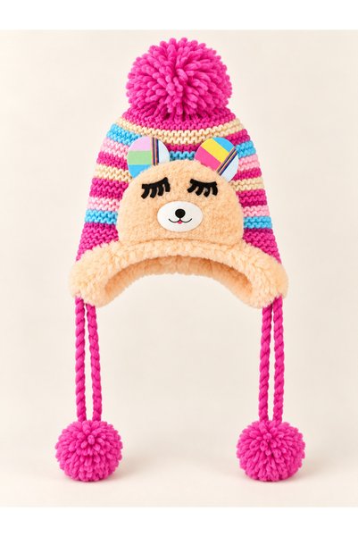synshop Girl Child 0-4 Years Old Teddy Bear Figured Pompom Beanie Plush Lined...