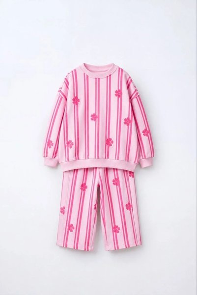 Kidmark Çocuk Modası Kuız Çocuk Floral Patterned Striped Pink 100% Cotton Set