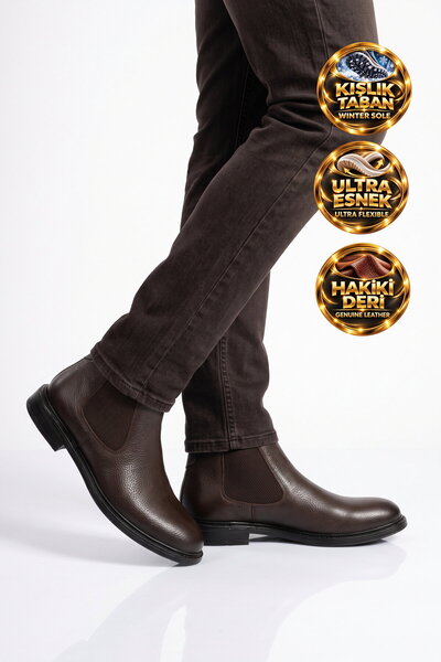 AYAKMOD Rubber Sole Chelsea Boots with Side Elastic Brown Skin Genuine Leathe...